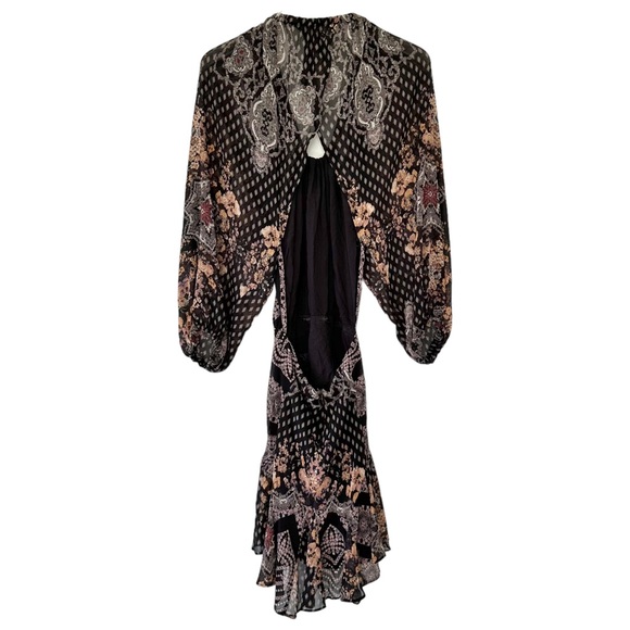 Free People Seven Wonders Black Combo Open Back Puff Sleeve Mini Dress Size M - Picture 7 of 12